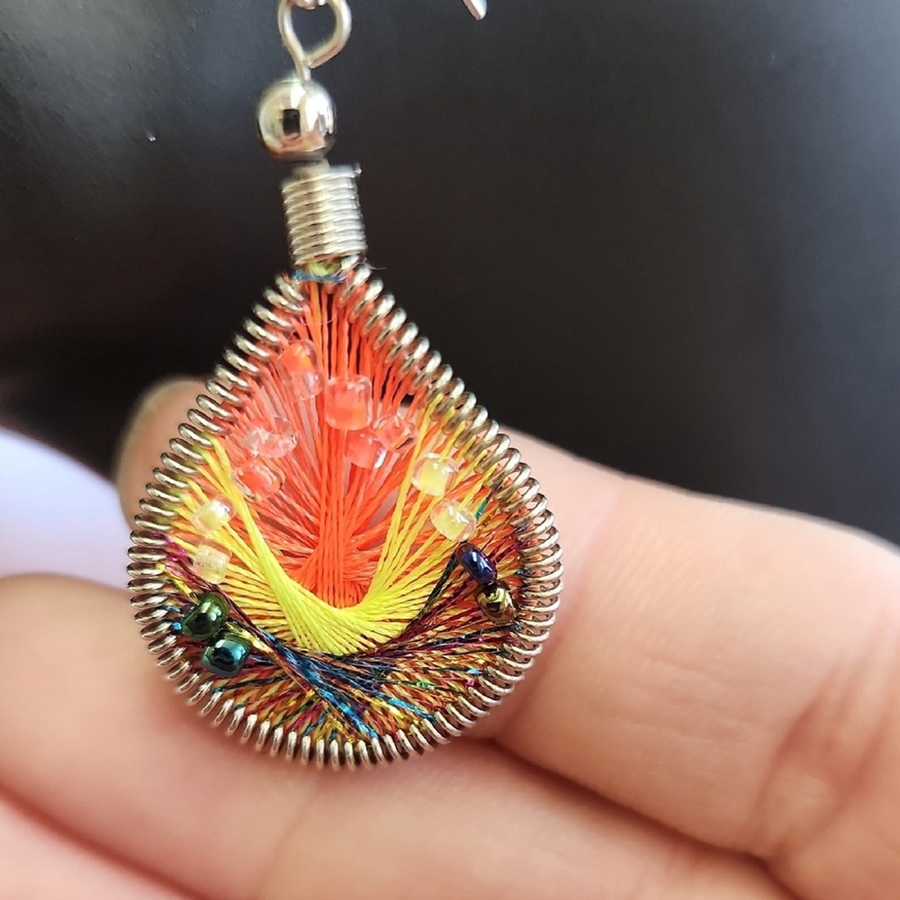 Spirit Of Nature Sunset Glow Teardrop Earrings with Intricate Handwoven Thread - Picture 3 of 6